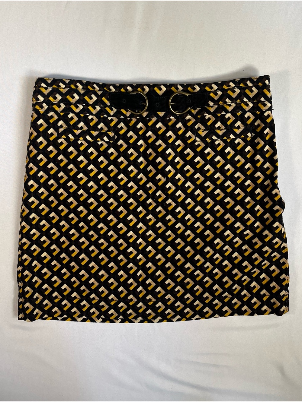 LOFT Black Mini Skirt with Yellow Geometric Print and Gold-Tone Ring Detail 0038